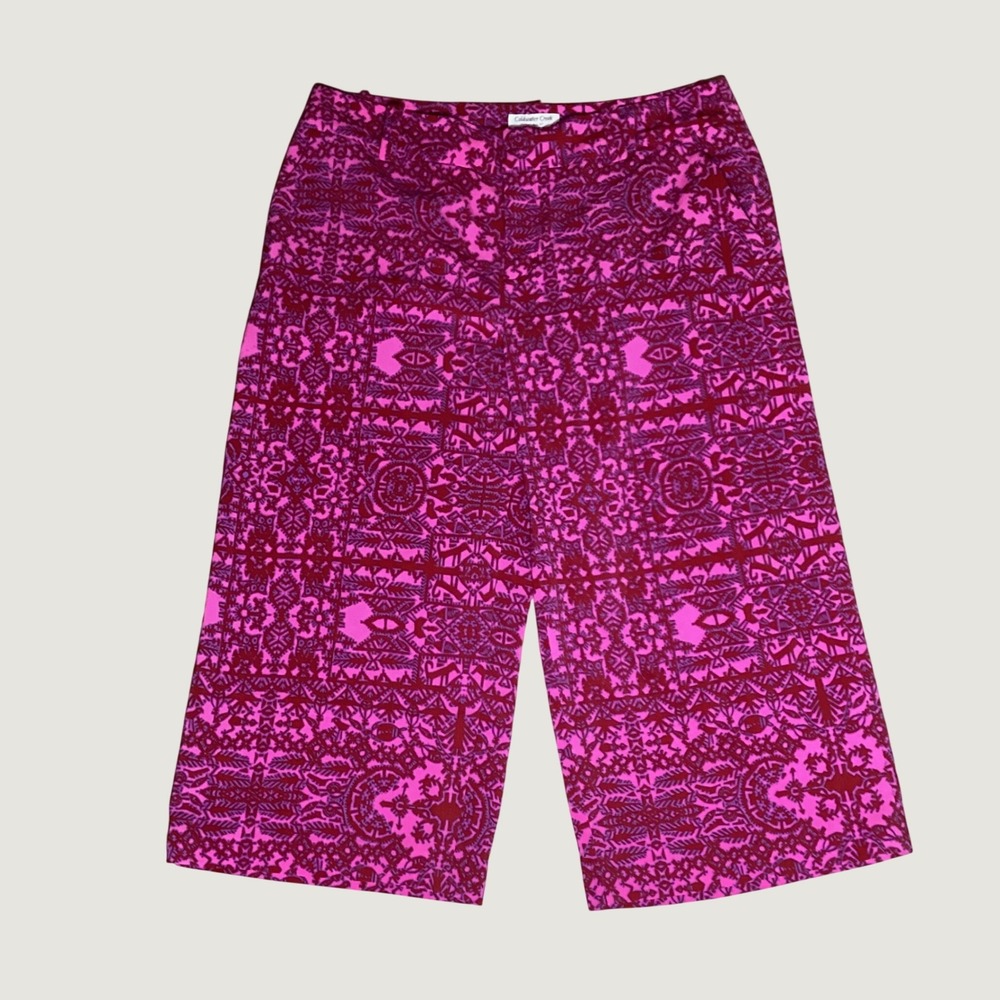 Coldwater Creek Tribal Print Crop Pants Womens 14 Pink Boho Wide Leg Geometric